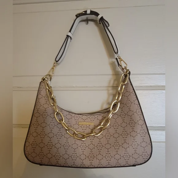 Nanette Lepore Monogram Shoulder Bag – Tan/Beige with Gold Chain Detail - Picture 5 of 16